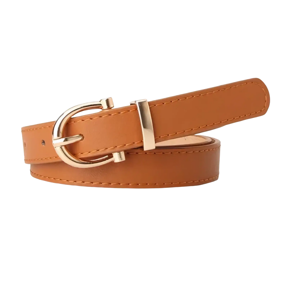 Tan pu leather women’s belt with gold-toned d-ring buckle designed as a stylish waistband accessory