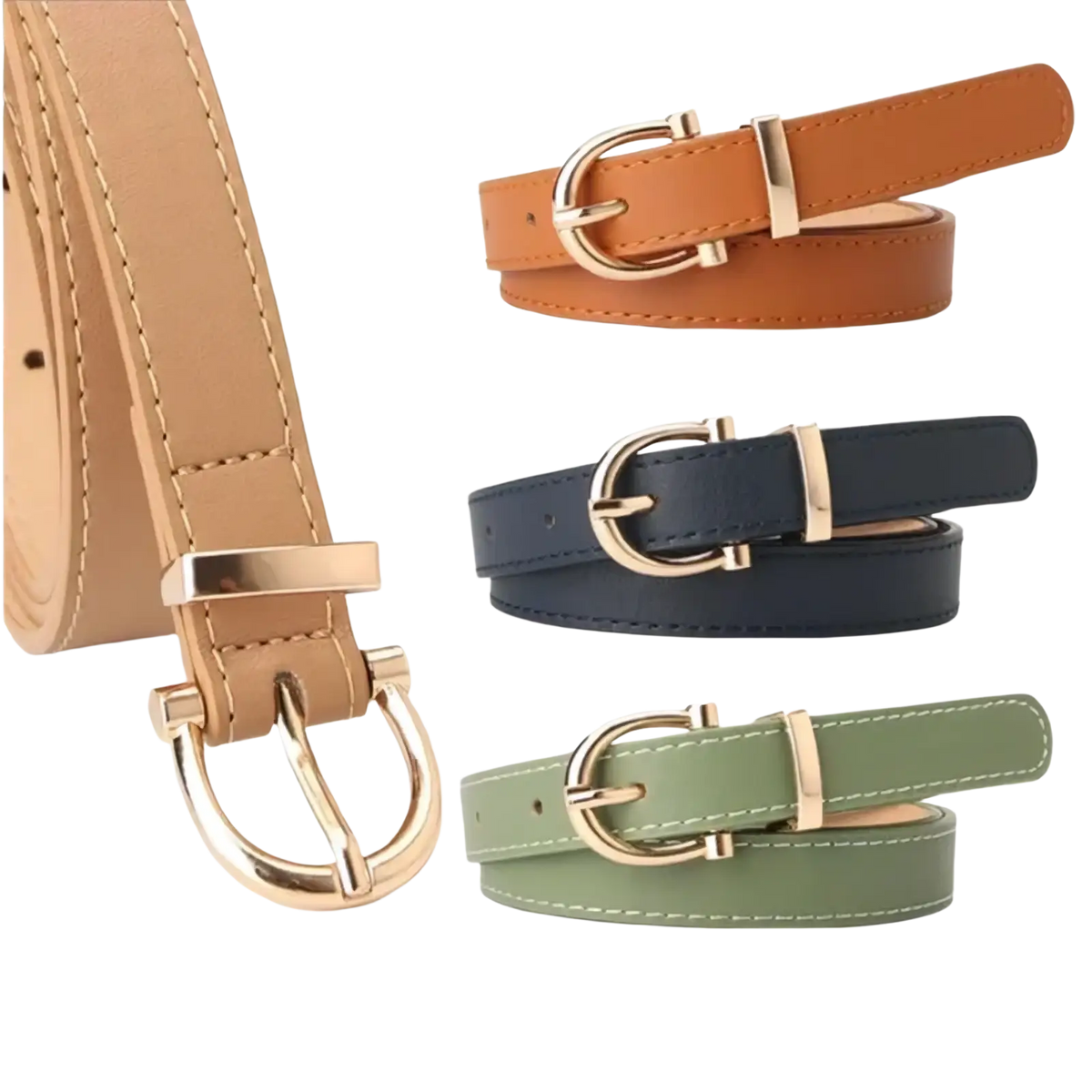 Three slim women pu leather belts with gold buckle in tan navy blue and olive green for waistband use