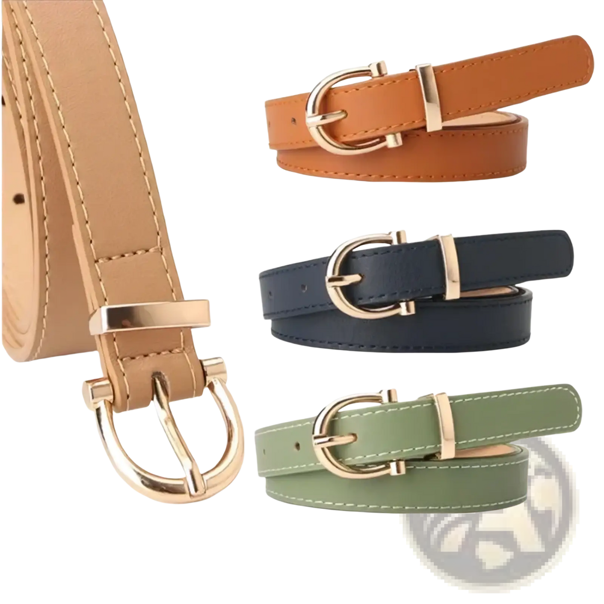 Three slim women pu leather belts with gold buckle in tan navy blue and olive green for waistband use