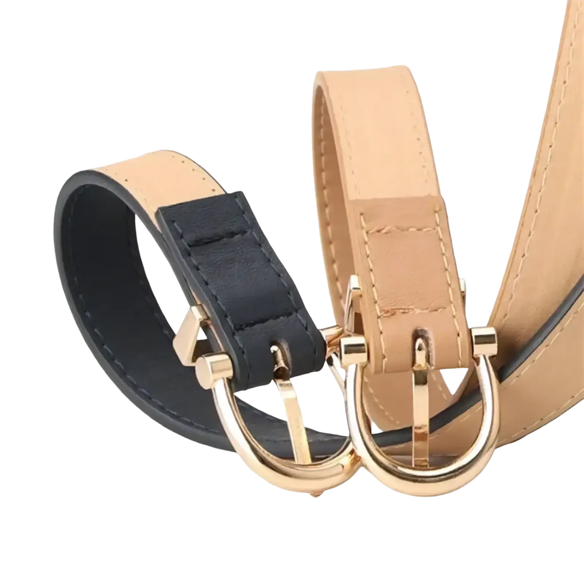 Two women pu leather belts in black and tan with gold-toned d-ring buckles for stylish waistband use
