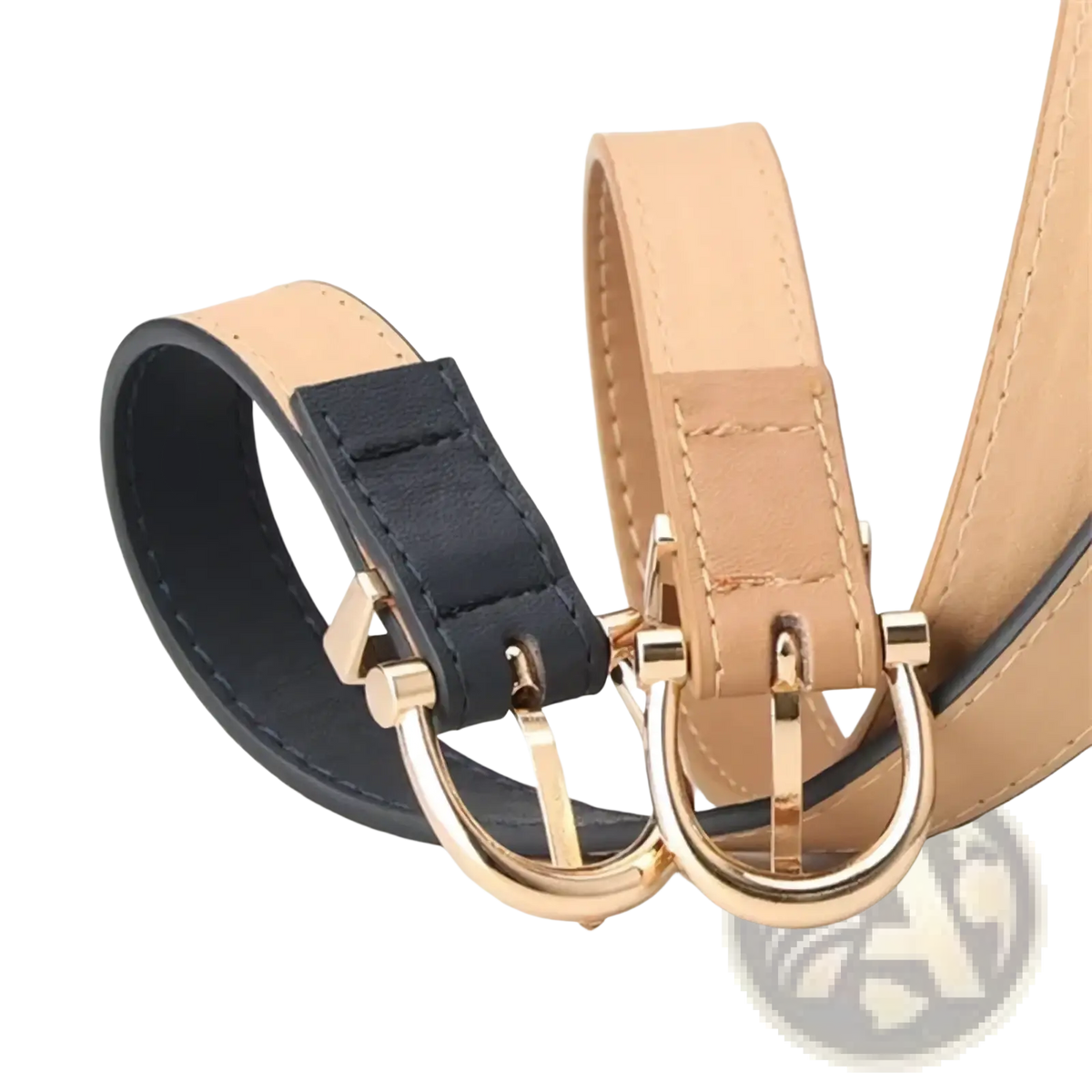 Two slim pu leather women belts with gold horsebit buckles in black and tan for stylish waistbands