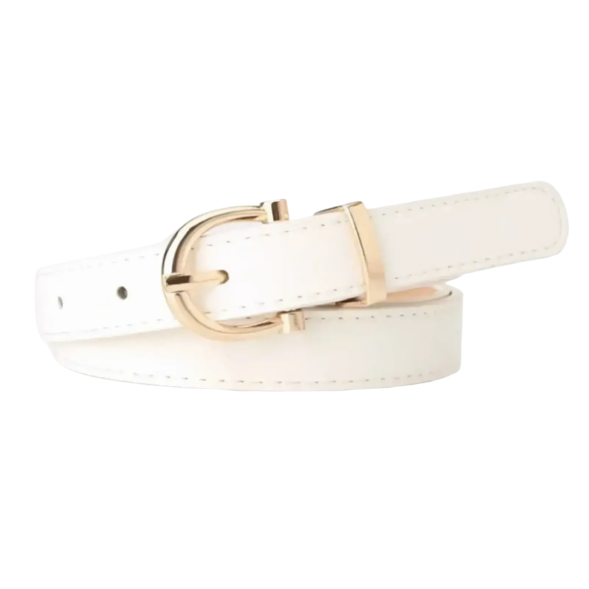 White women pu leather belt with gold-toned buckle designed as a stylish waistband accessory