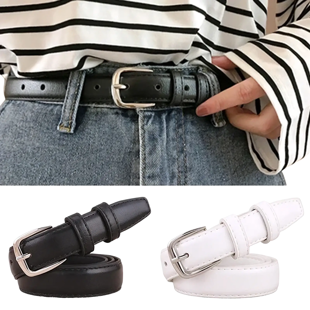 Women pu leather belt with metal buckle in black and white featuring silver toned buckles and waistband design