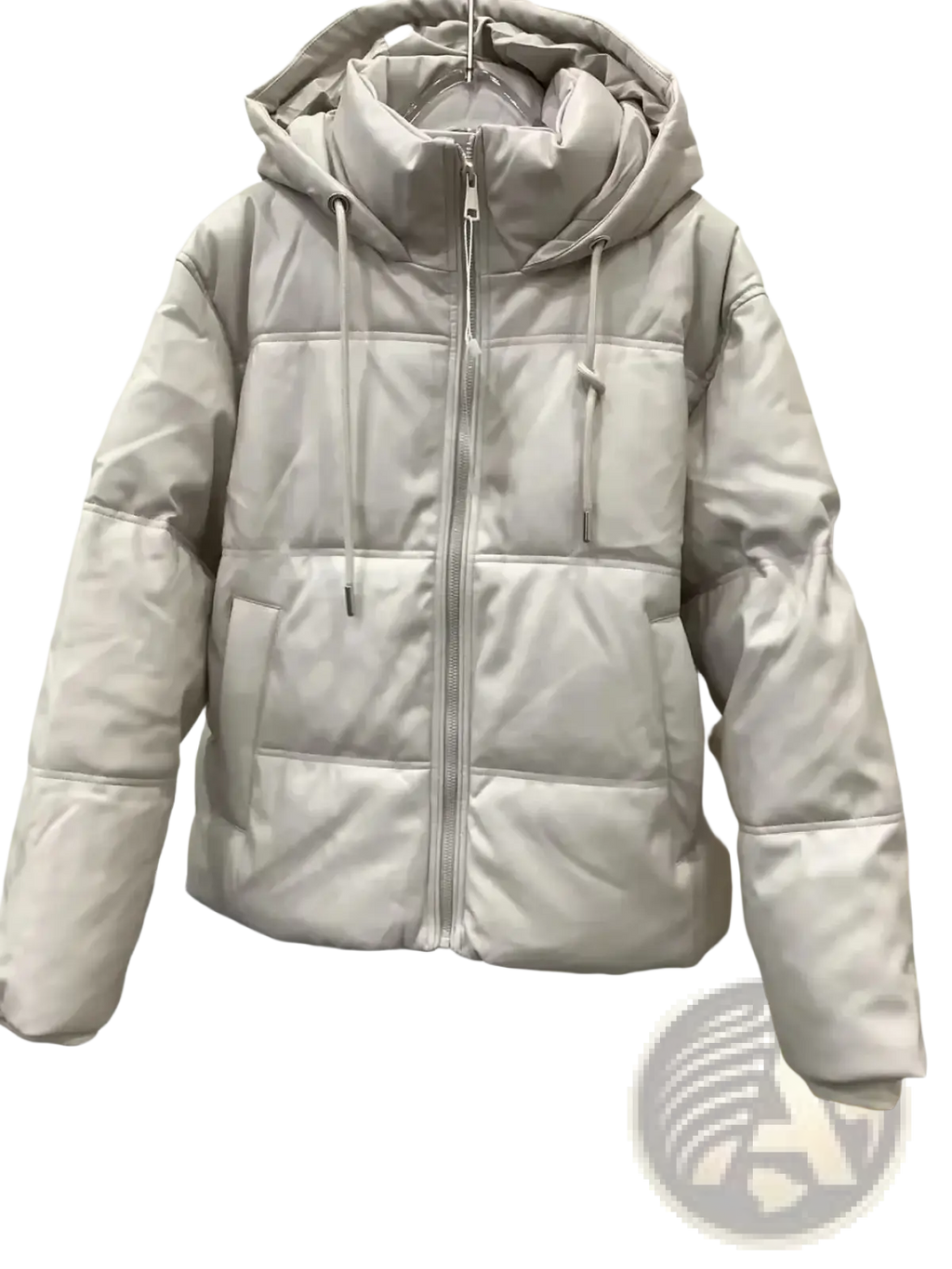 A sleek light gray pu leather quilted puffer coat with hood and drawstrings for warm winter wear