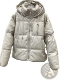 A sleek light gray pu leather quilted puffer coat with hood and drawstrings for warm winter wear