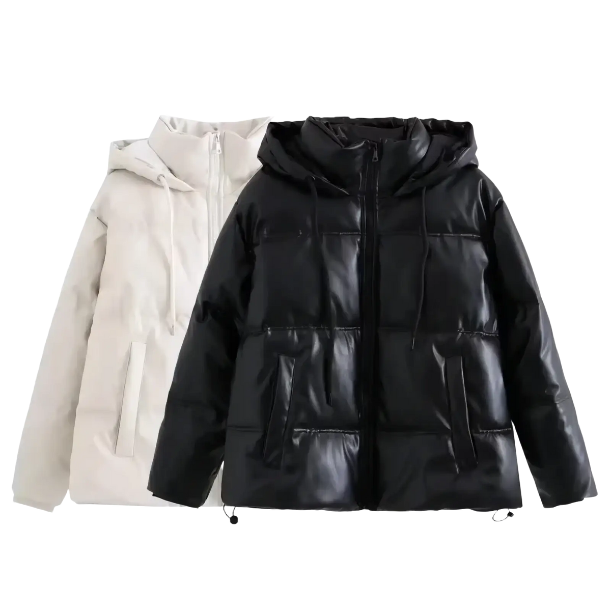 Black faux leather women puffer coat with hood and front zipper warm winter parka for cold weather wear