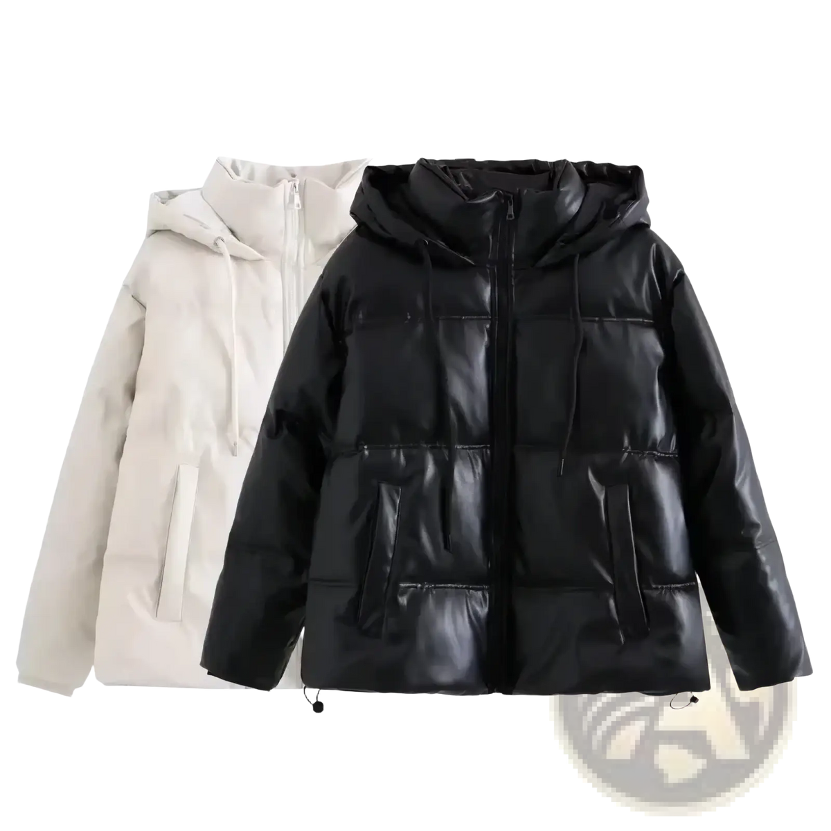 Black faux leather women puffer coat with hood and front zipper warm winter parka for cold weather wear