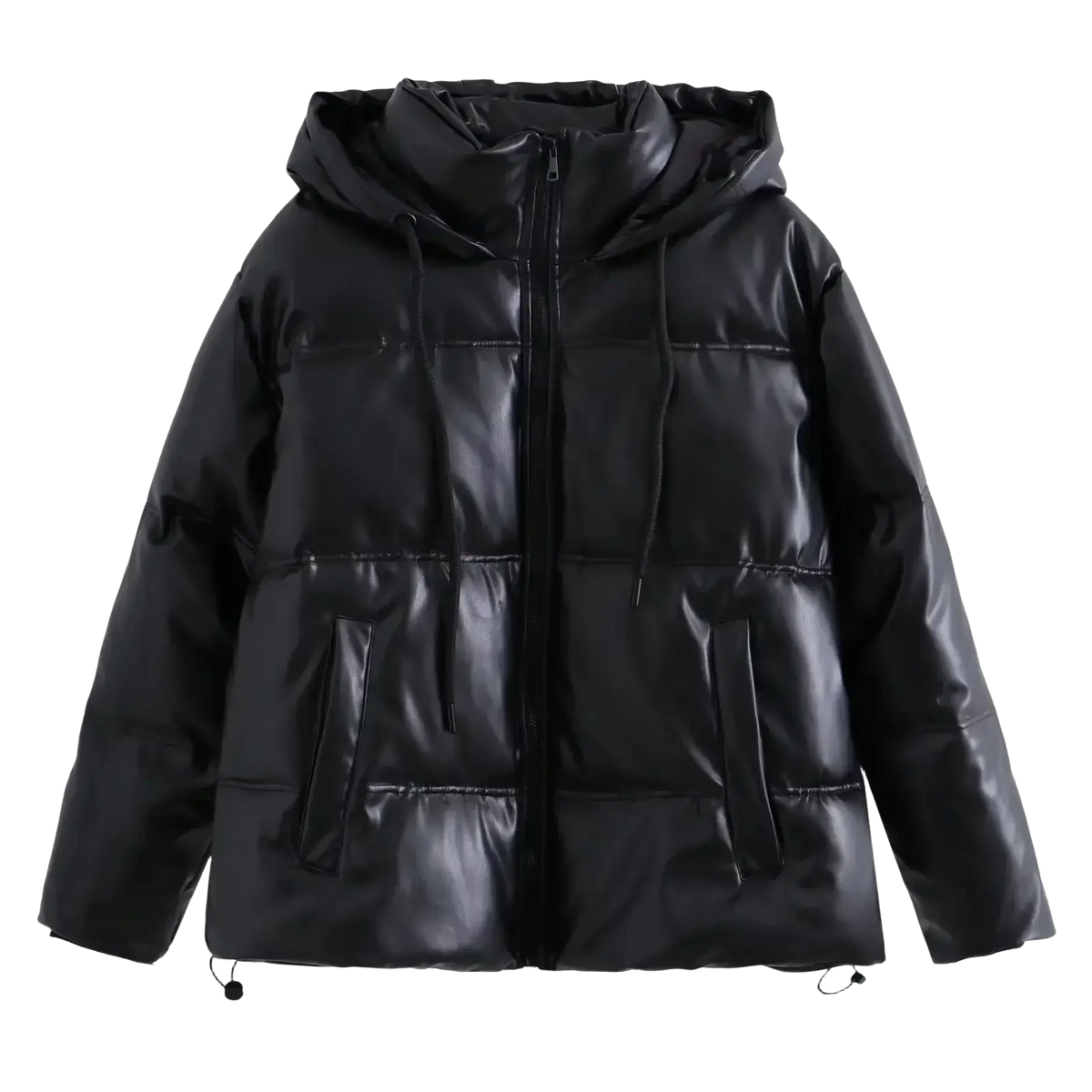 Black women pu leather puffer coat with shiny finish and attached hood warm winter parka