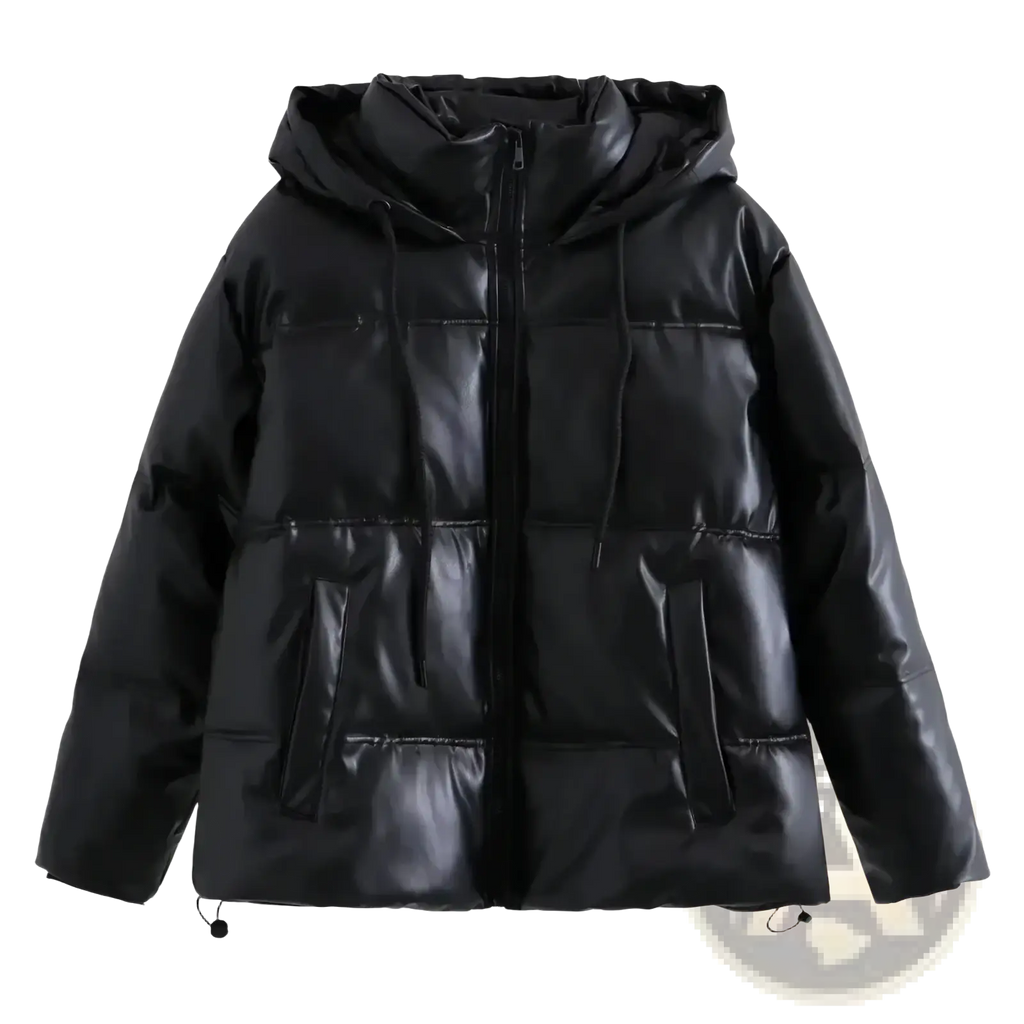 Black pu leather women puffer coat with shiny glossy finish and quilted panels for warm winter parka use