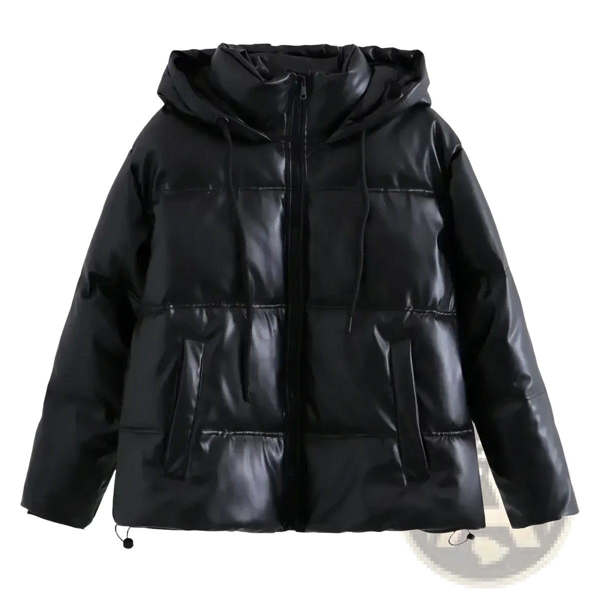 Black pu leather women puffer coat with shiny glossy finish and quilted panels for warm winter parka use