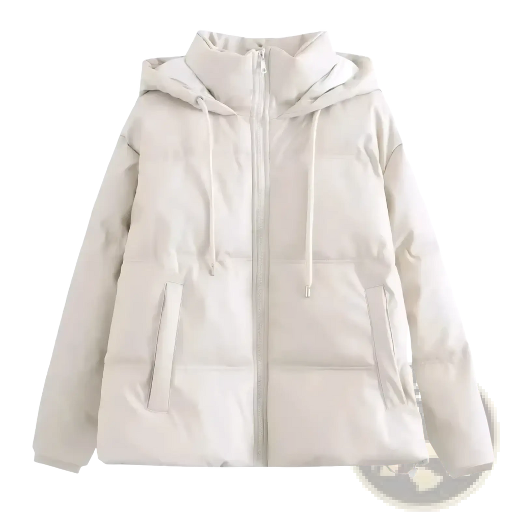 Cream-colored women pu leather puffer coat with hood and front zipper for warm winter wear