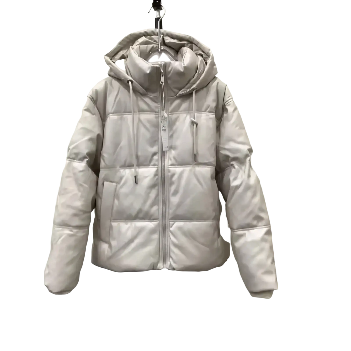Silver women pu leather puffer coat with quilted panels hood drawstrings and front zipper for warm winter wear
