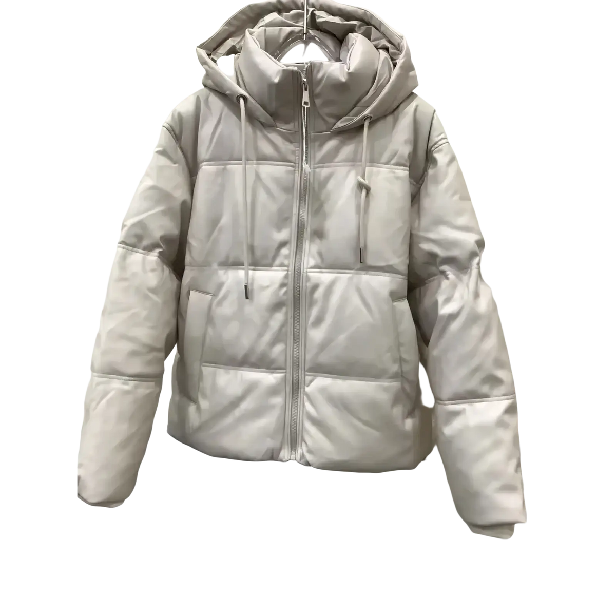 A sleek light gray women pu leather puffer coat with quilted design and attached hood for warm winter wear