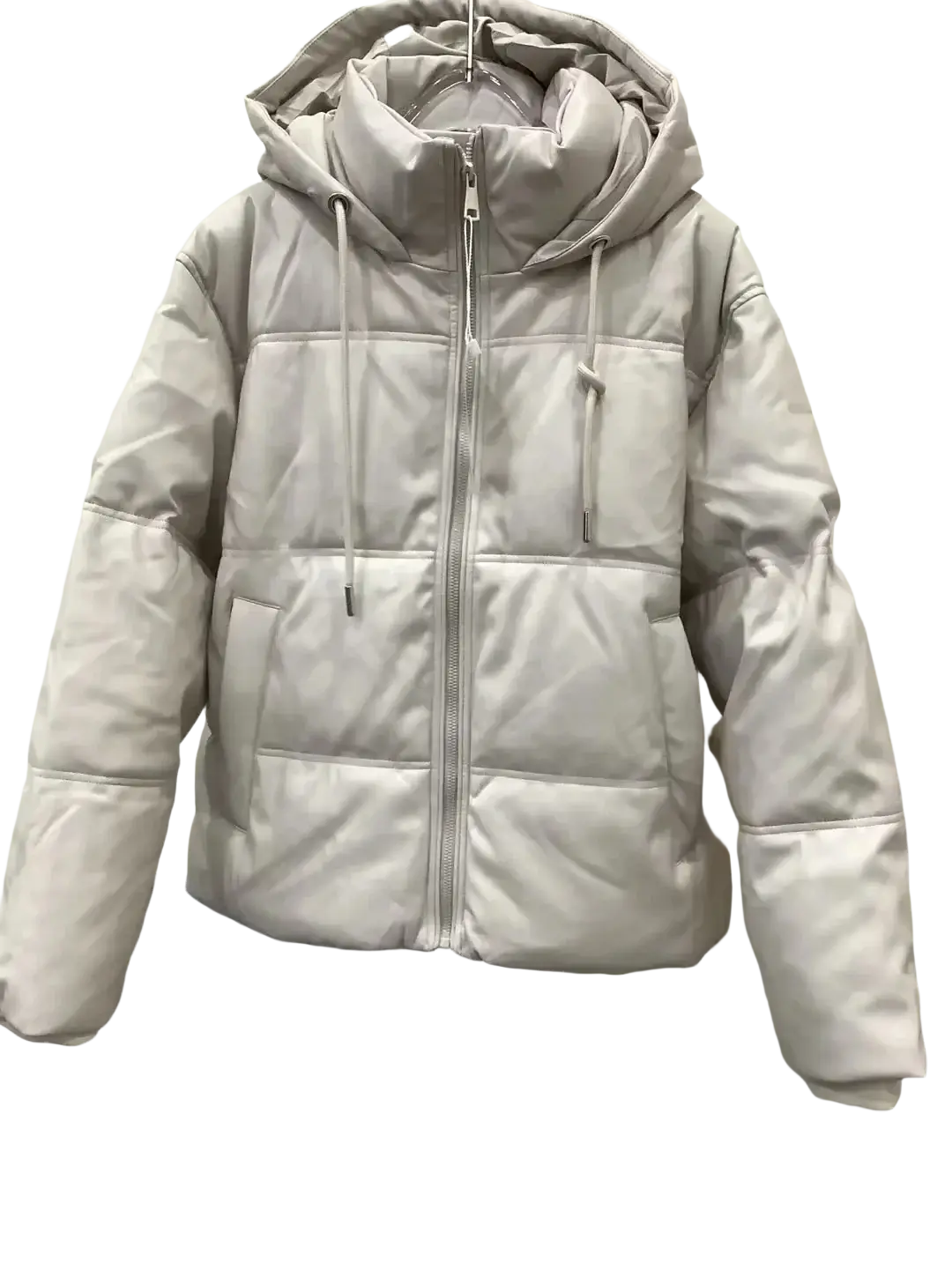 A sleek light gray pu leather quilted puffer coat with hood and drawstrings for warm winter wear