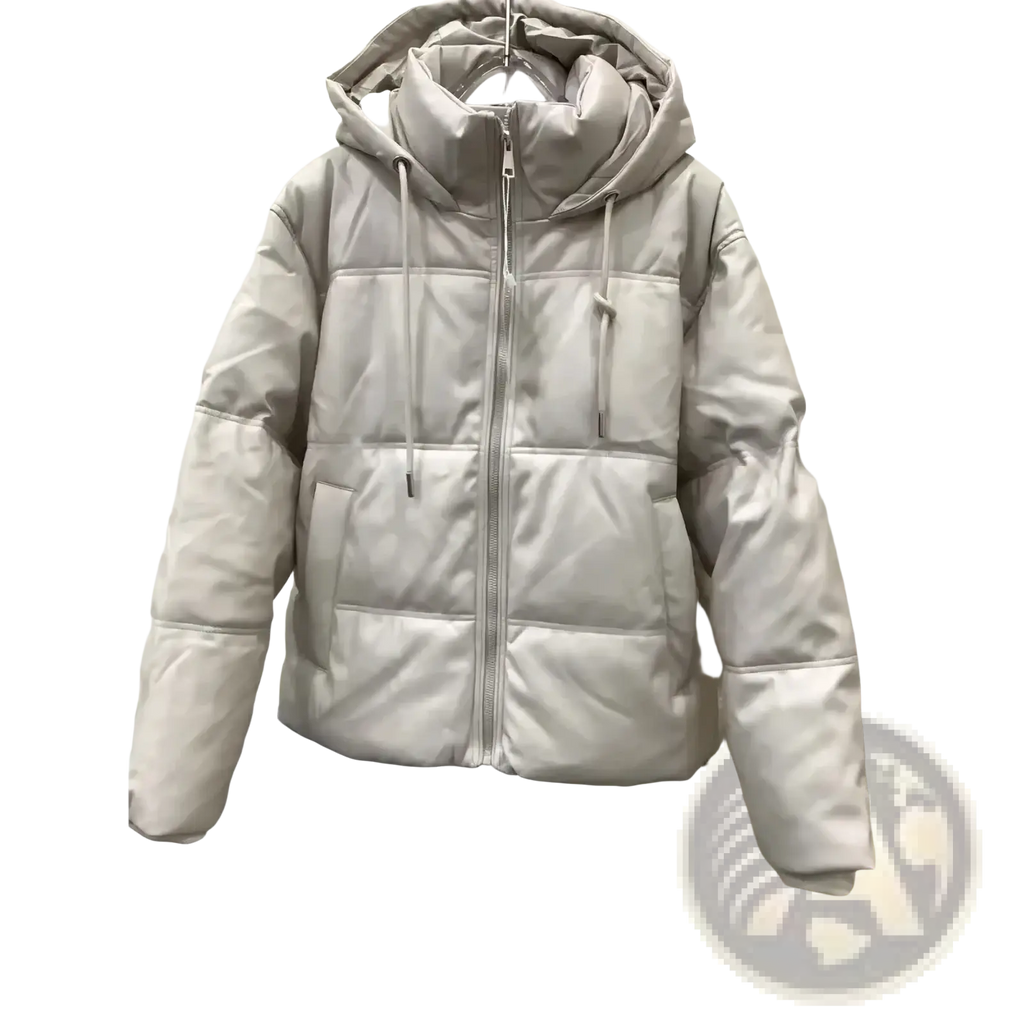 A sleek light gray women pu leather puffer coat with quilted design and attached hood for warm winter wear