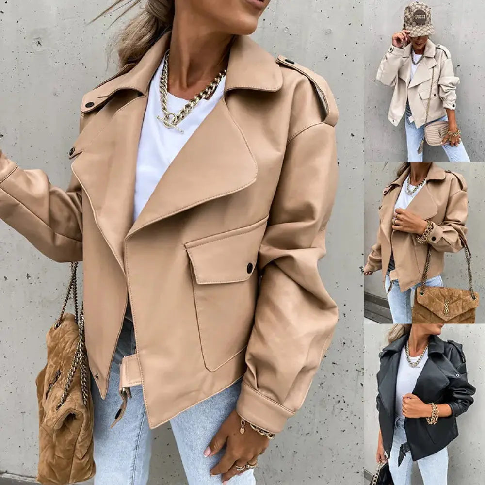 Women’s relaxed beige faux leather moto jacket with flap pockets and adjustable cuffs for casual wear