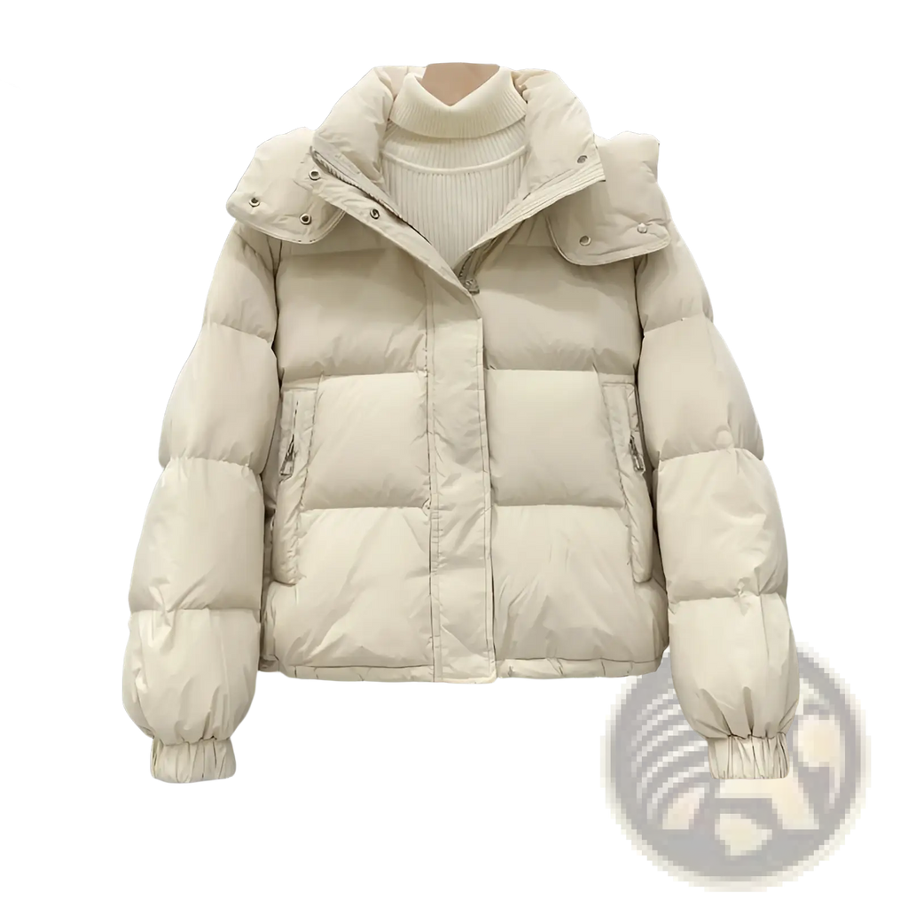Cream-colored women puffer jacket with quilted design padded hood and cuffs ideal for winter wear