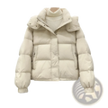Cream-colored women puffer jacket with quilted design padded hood and cuffs ideal for winter wear