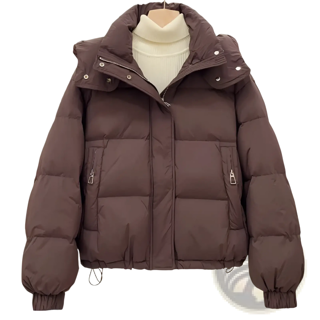 Brown women hooded puffer jacket with silver zippers and button details for winter outdoor wear
