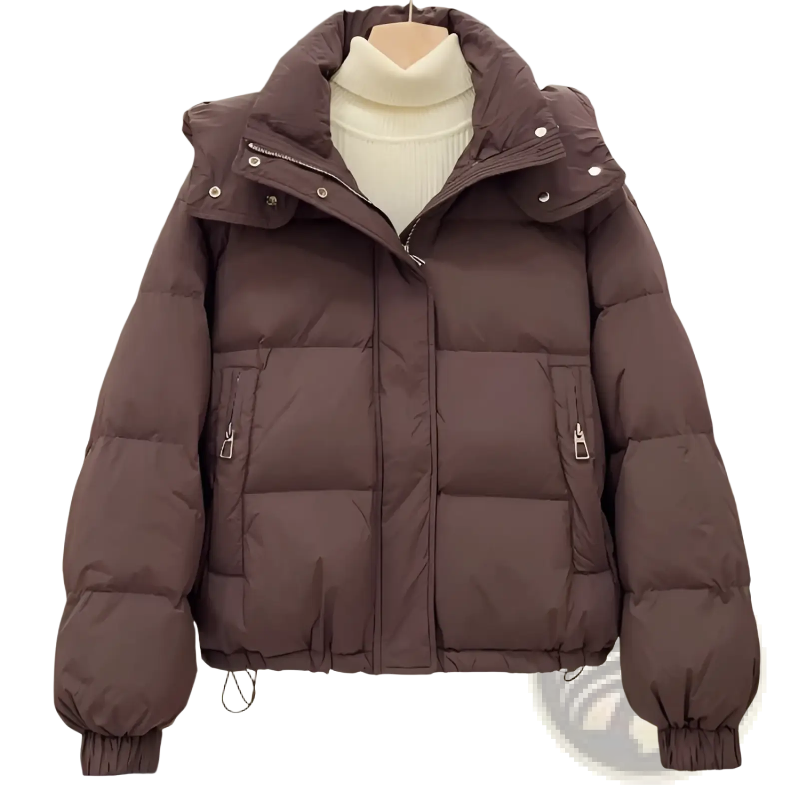 Brown women hooded puffer jacket with silver zippers and button details for winter outdoor wear