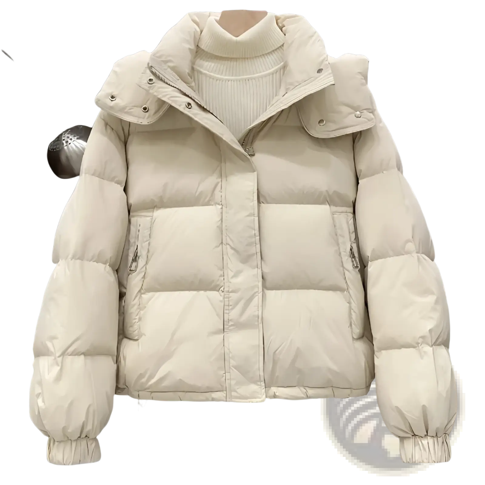 Cream-colored women puffer jacket with quilted design padded hood and ribbed cuffs for winter use