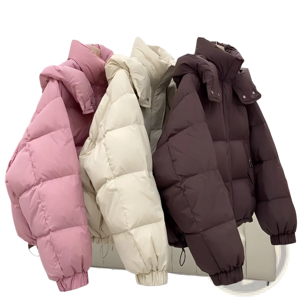 Women puffer jacket hooded quilted winter coat in soft pink creamy beige and deep brown with drawstring cuffs