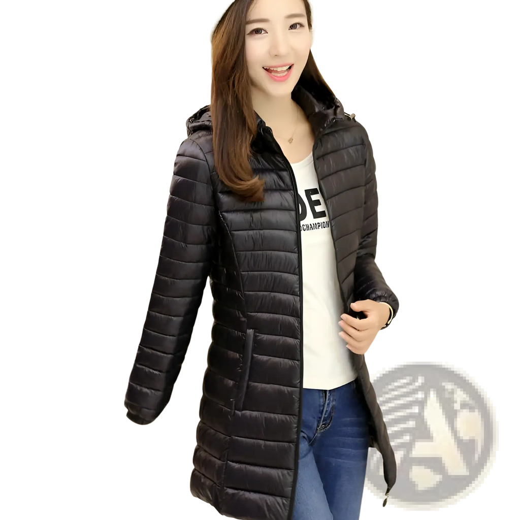 Black quilted slim fit hooded puffer jacket for women made of cotton offering warmth and style