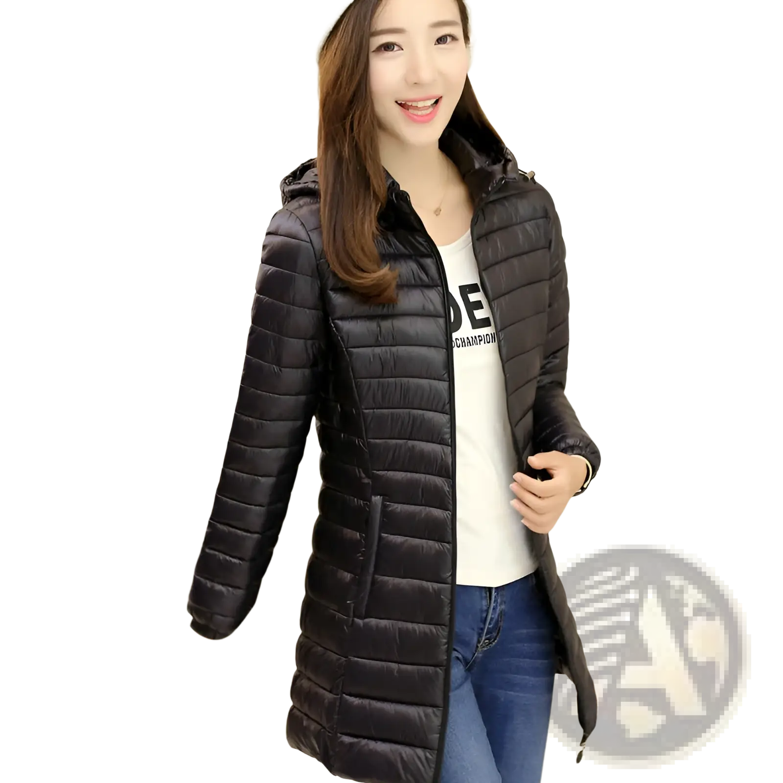 Black quilted slim fit hooded puffer jacket for women made of cotton offering warmth and style