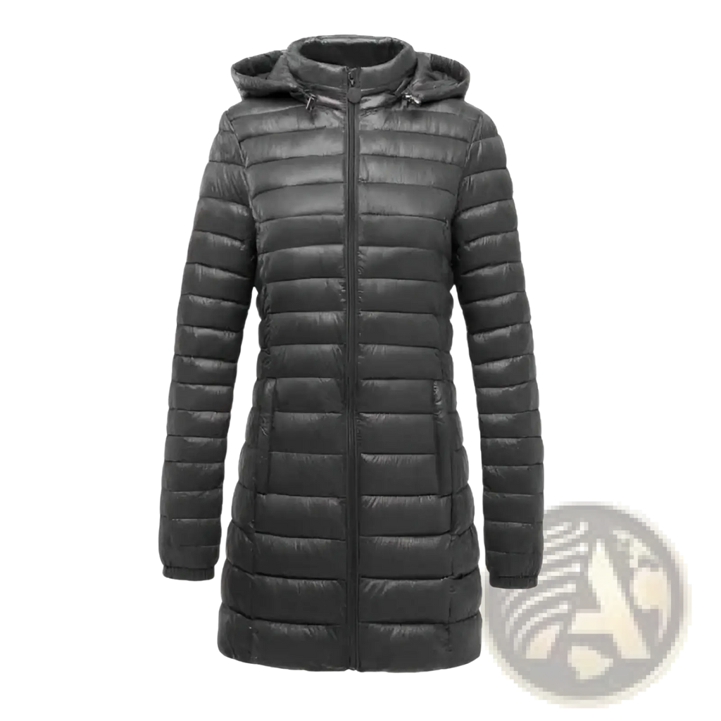 Black quilted slim fit puffer jacket with hood and cotton filling for women featuring a sleek modern design