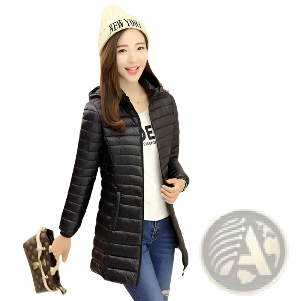 Black slim fit women puffer jacket with hood and front zipper made of quilted cotton for cold weather wear
