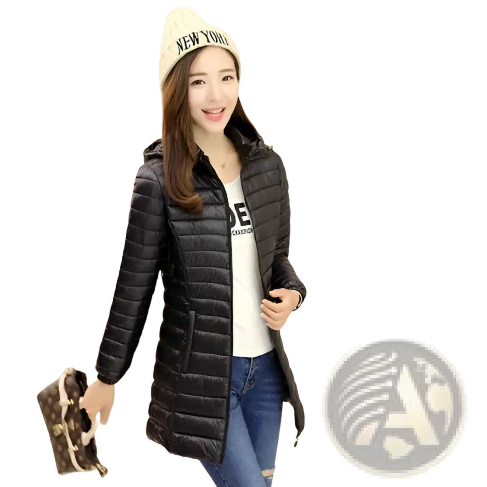 Black slim fit women puffer jacket with hood and front zipper made of quilted cotton for cold weather wear