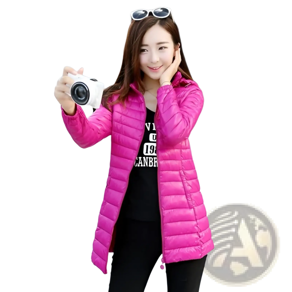 A vibrant pink slim fit quilted cotton puffer jacket with hood and front zipper for women