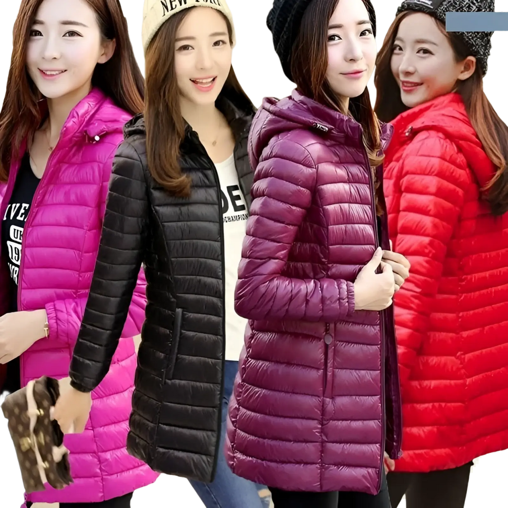 Women puffer jacket slim fit hooded cotton coat in pink black and red quilted design displayed side by side