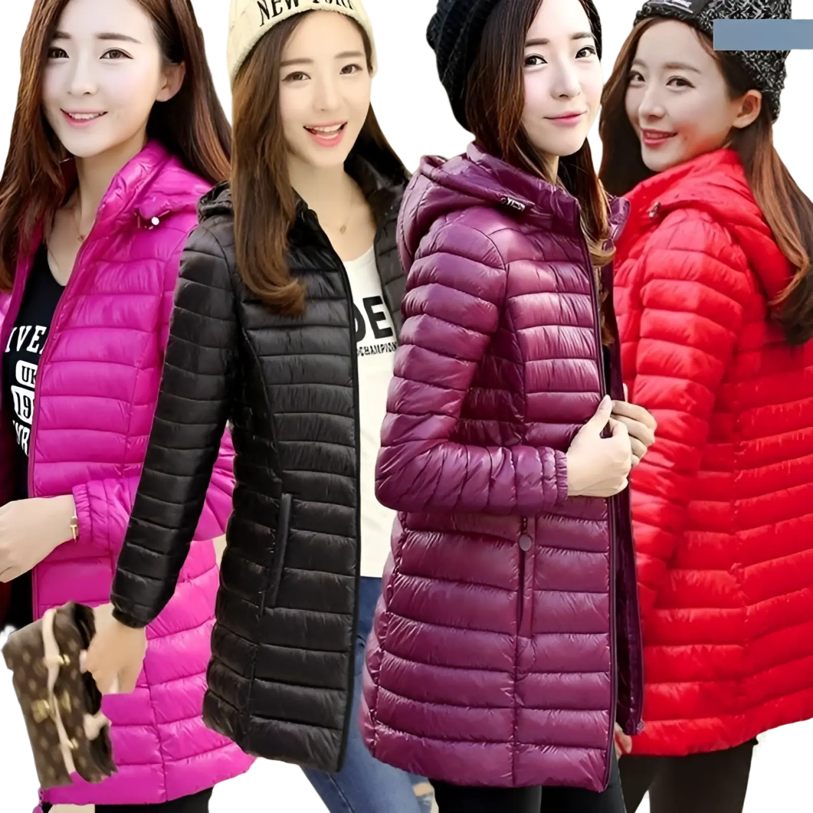 Women puffer jacket slim fit hooded cotton coat in pink black and red quilted design displayed side by side