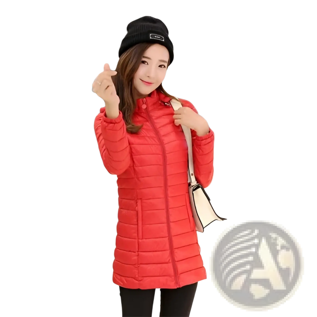 Red quilted puffer jacket with high collar zipper closure slim fit hooded cotton coat for women