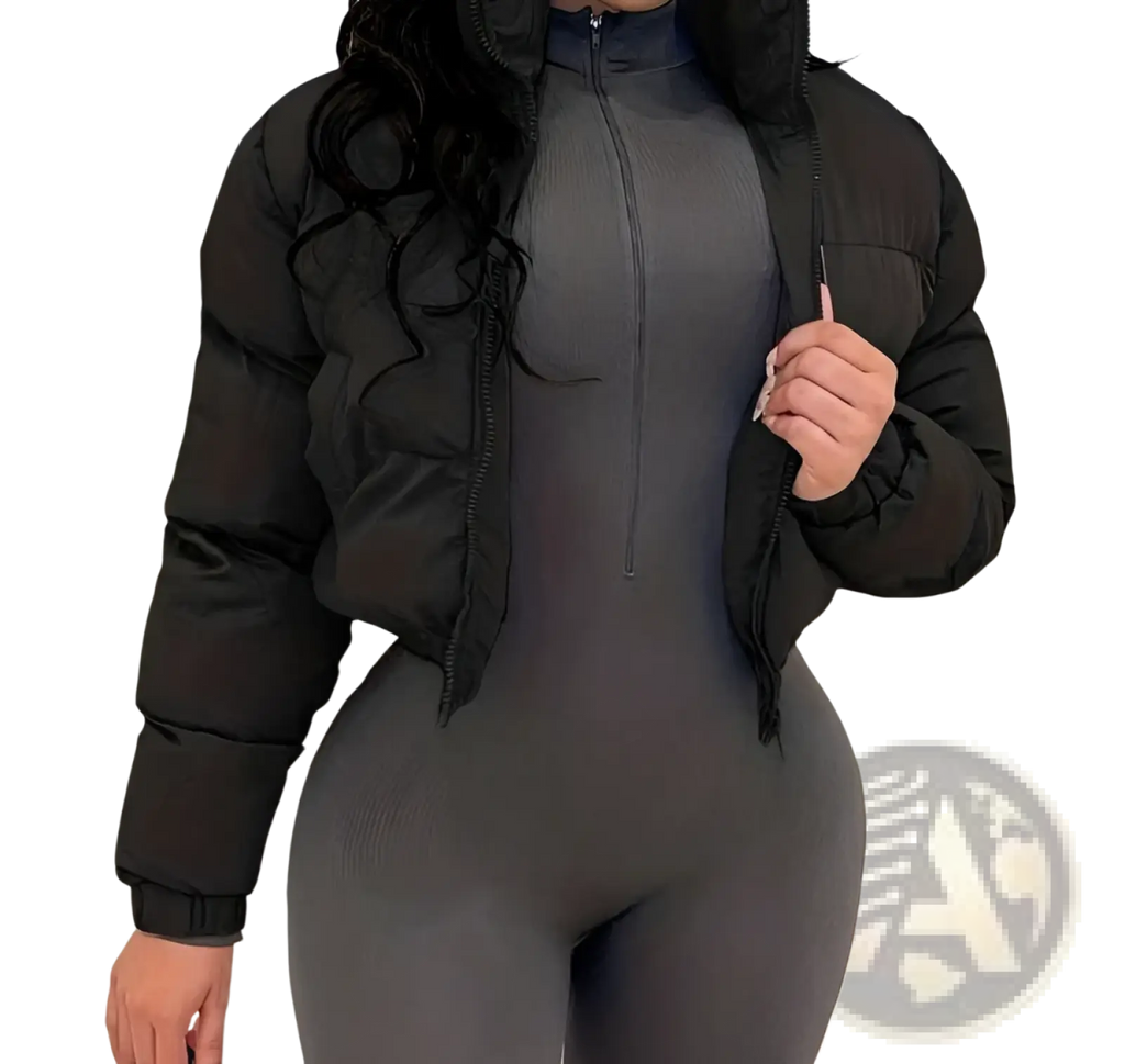 Black women puffer jacket with high collar and zipper closure worn over a form-fitting gray bodysuit for warmth