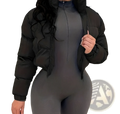 Black women puffer jacket with high collar and zipper closure worn over a form-fitting gray bodysuit for warmth