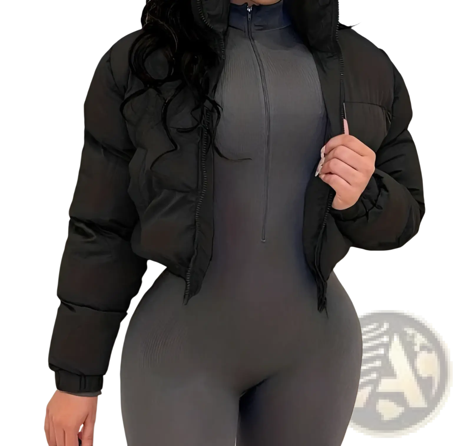 Black women puffer jacket with high collar and zipper closure worn over a form-fitting gray bodysuit for warmth