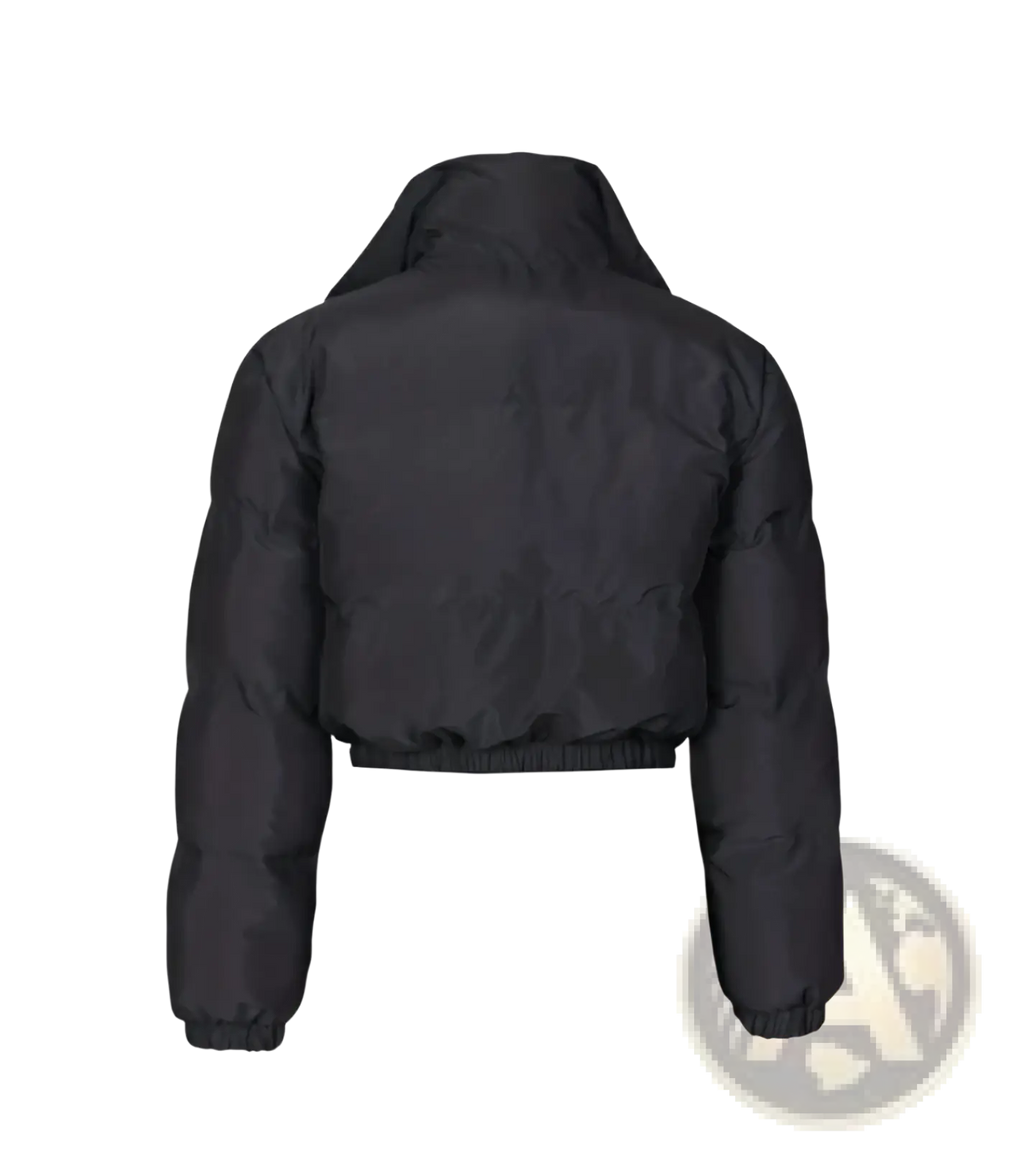 Women black puffer jacket with high collar and elastic cuffs zip up warm outerwear for cold weather use