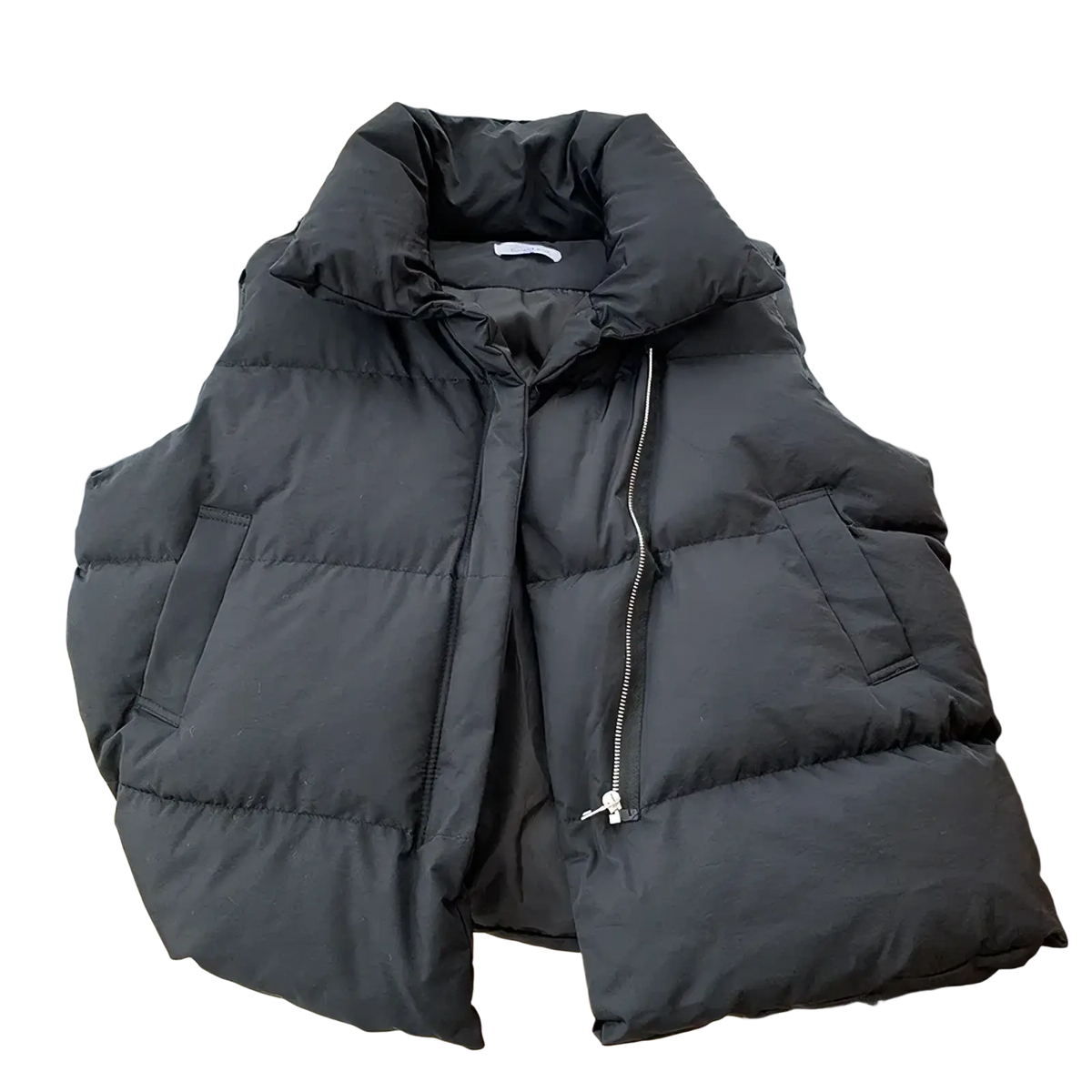 Black women puffer vest with quilted design and front zipper closure for winter casual outerwear