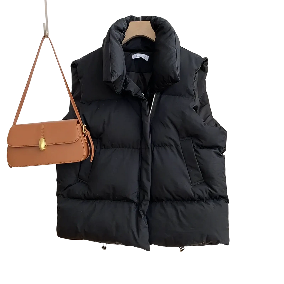 Black quilted puffer vest with high collar and front zipper designed for women’s winter casual outerwear