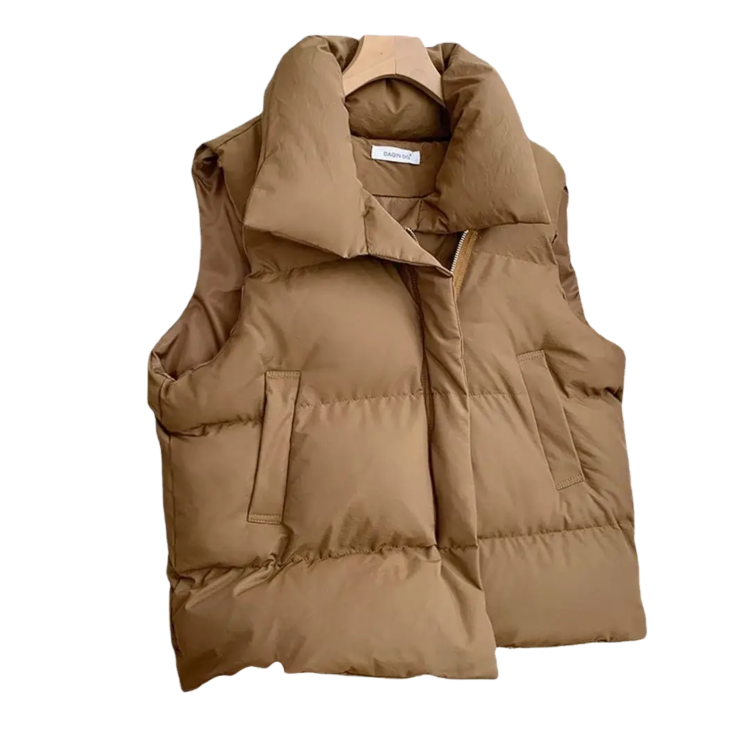 Women puffer vest winter casual outerwear in camel color with plush quilted design and two front pockets