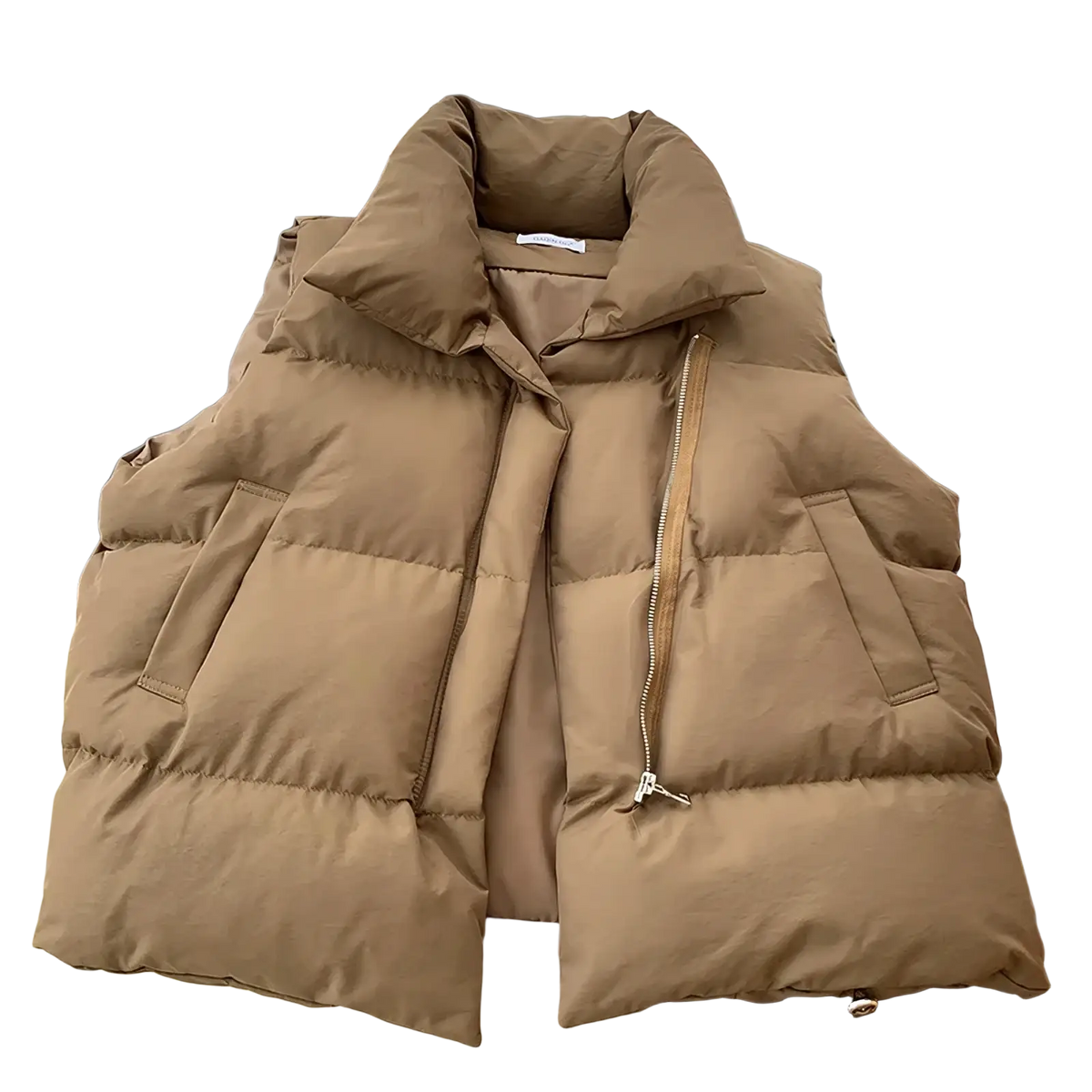 A cozy tan-colored quilted puffer vest with front zipper closure for women winter casual outerwear