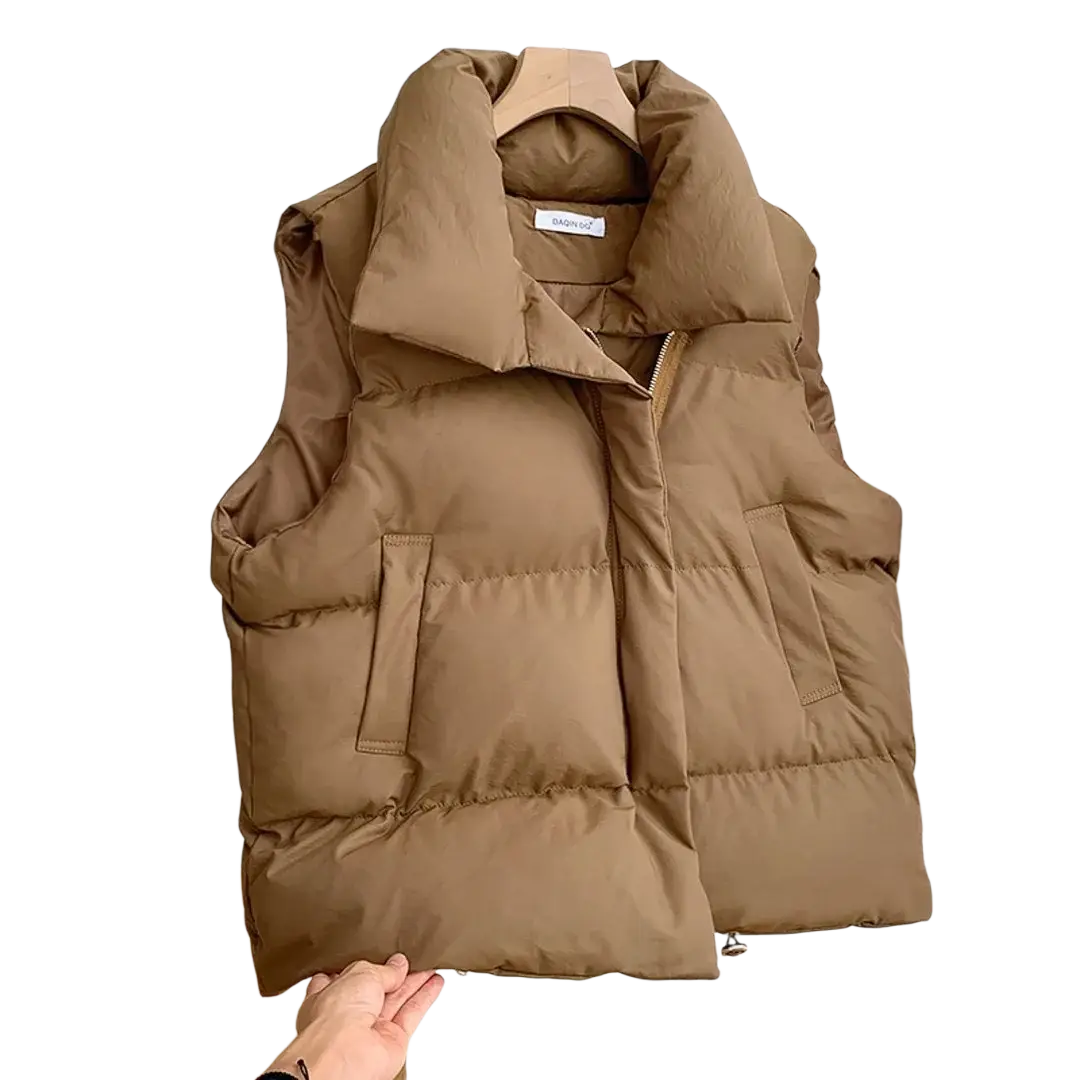 Women puffer vest winter casual outerwear tan quilted with plush oversized collar and front zipper closure