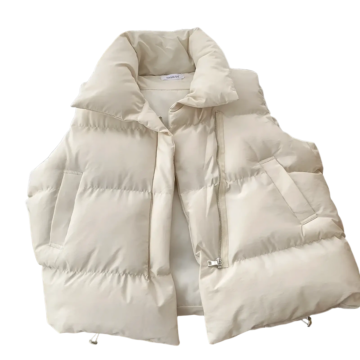 Cream-colored women puffer vest with quilted design and front zipper closure for winter casual outerwear