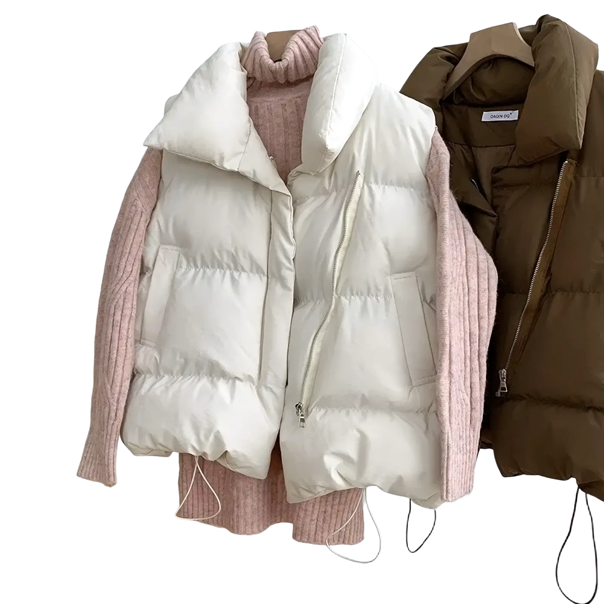 Women puffer vest with cream color, plush quilted design, and ribbed pink knit sleeves for winter casual outerwear