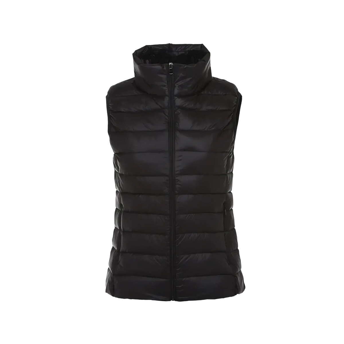 Black quilted puffer vest for women with high collar and front zipper designed for winter warm outerwear