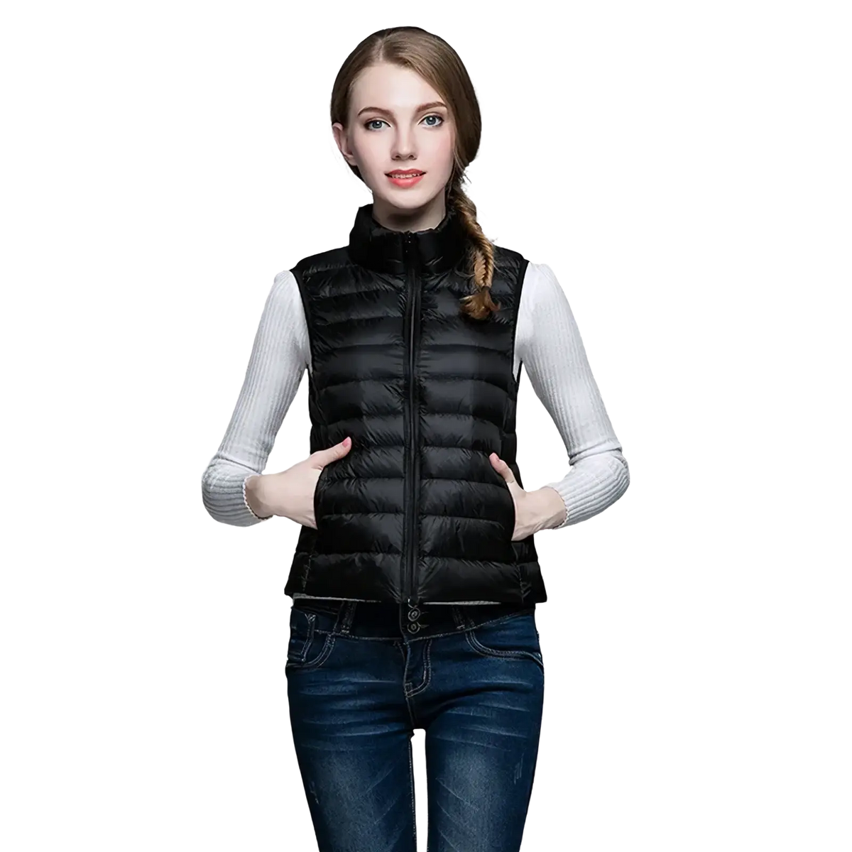 Black quilted puffer vest with high collar and front zipper designed for women winter warm outerwear