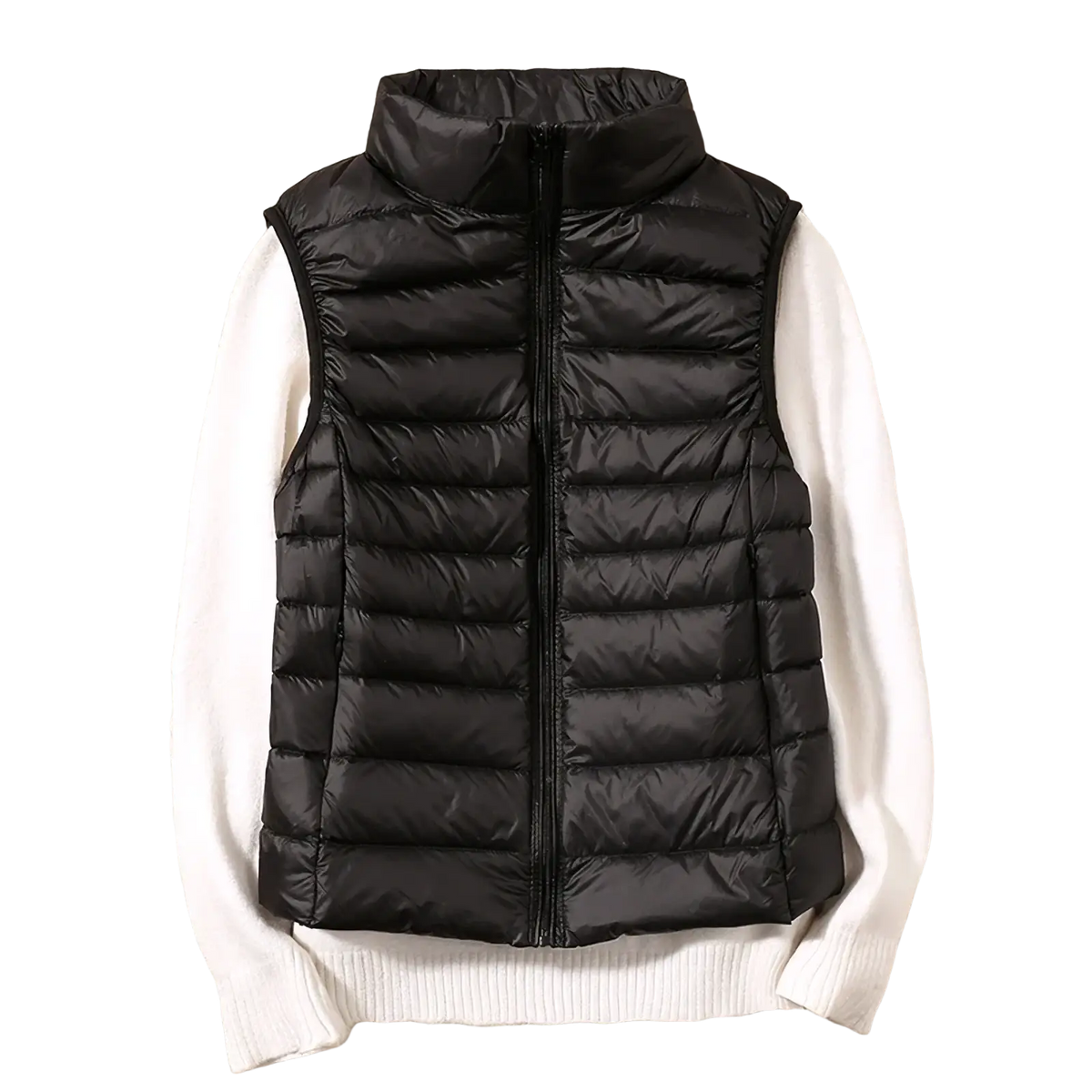 Black quilted puffer vest with high collar and front zipper worn over white sweater for winter warm outerwear