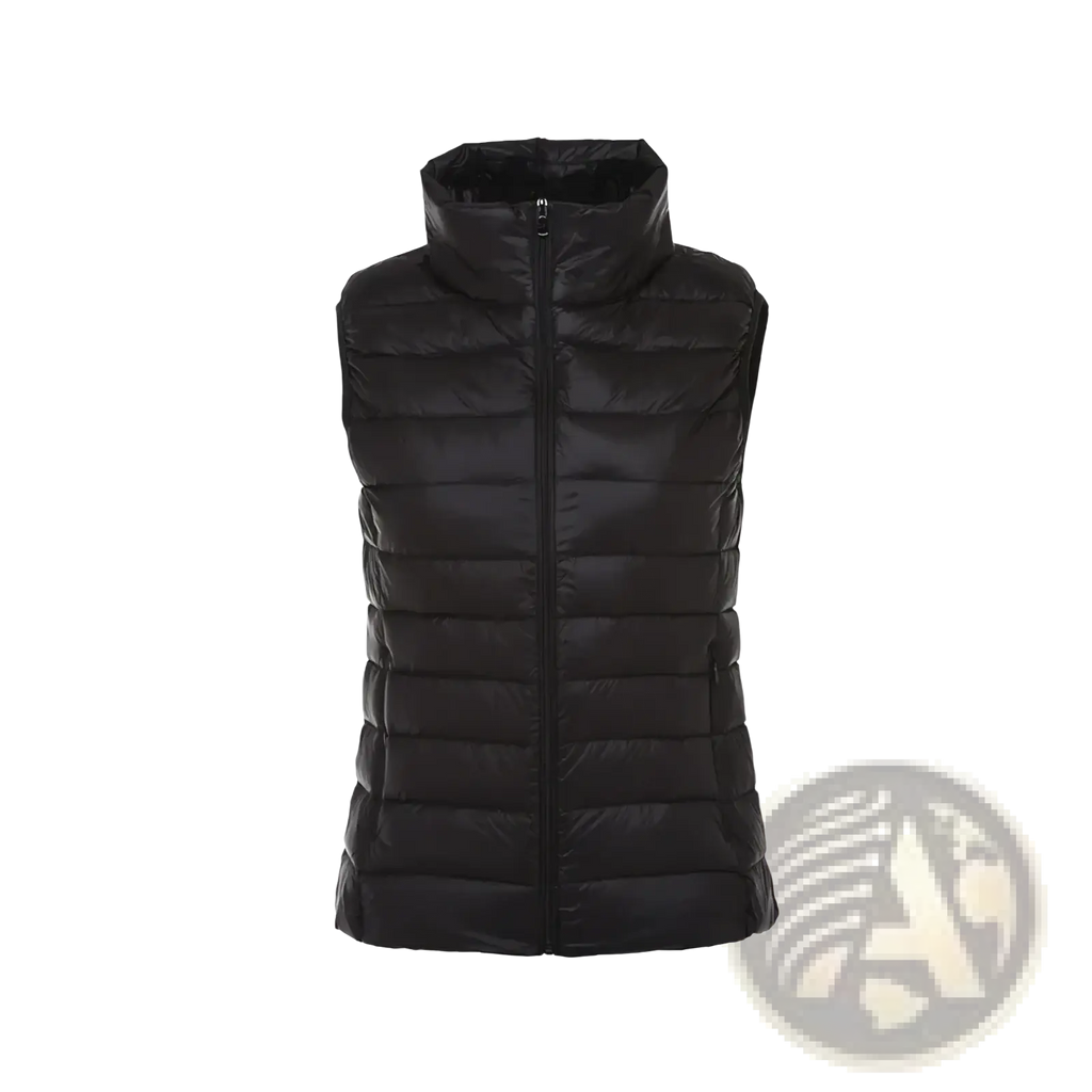Black quilted puffer vest for women with high collar and front zipper designed for winter warm outerwear
